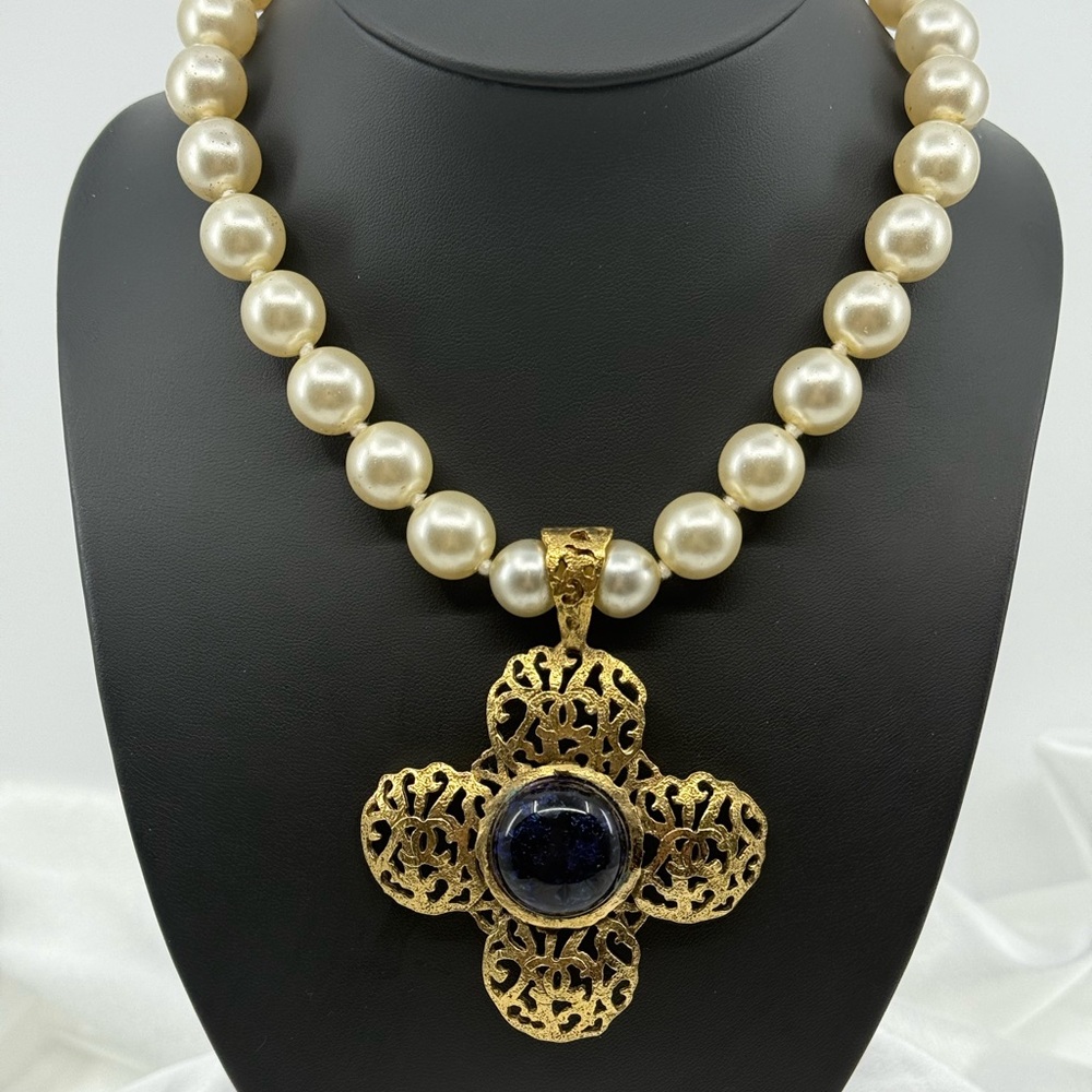 Chanel Rare Vintage Gold Plated CC Filigree Cross Blue Stone Pearl Necklace